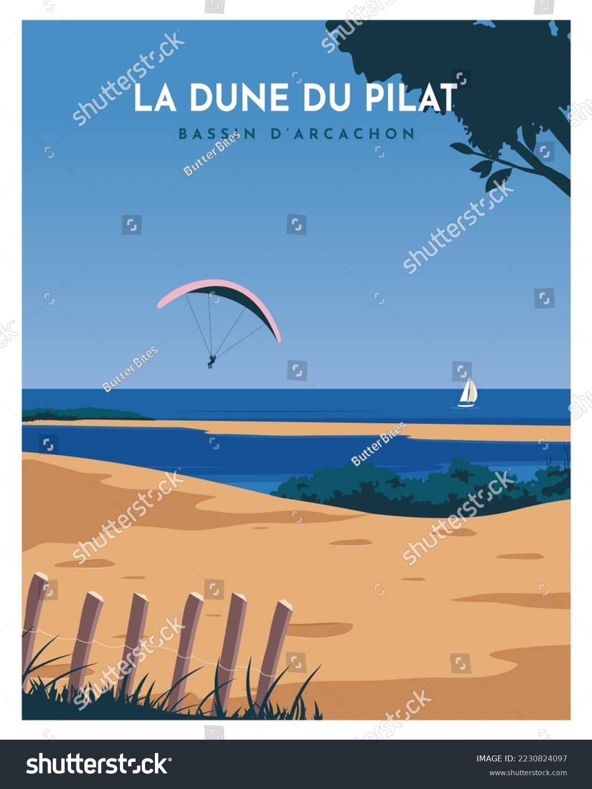 SVG of travel poster landscape sand dune with a blue sky with clouds, and paragliding on Dune du Pilat, Arcachon, France.
vector illustration with flat style for poster, postcard, card, bakground, art print. svg