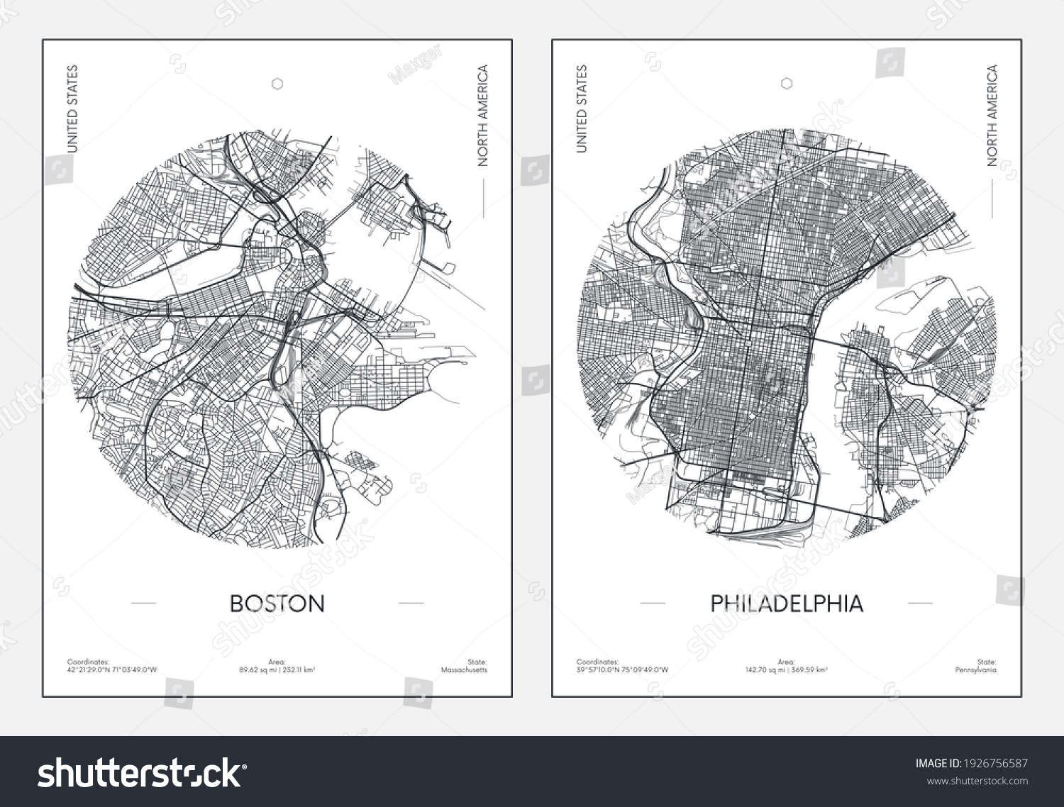 SVG of Travel poster, urban street plan city map Boston and Philadelphia, vector illustration svg