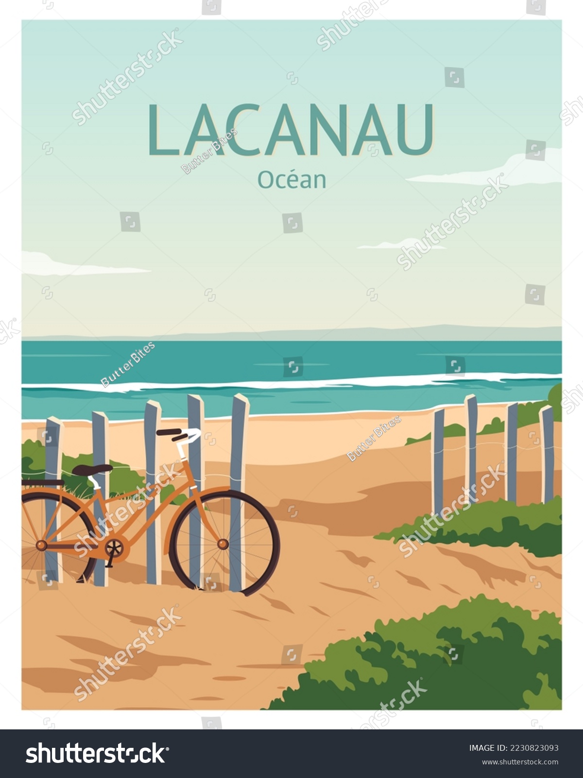 SVG of travel poster with bicycles on beach, Lacanau, France. landscape vector illustration with flat style for poster, card, background, postcard etc. svg