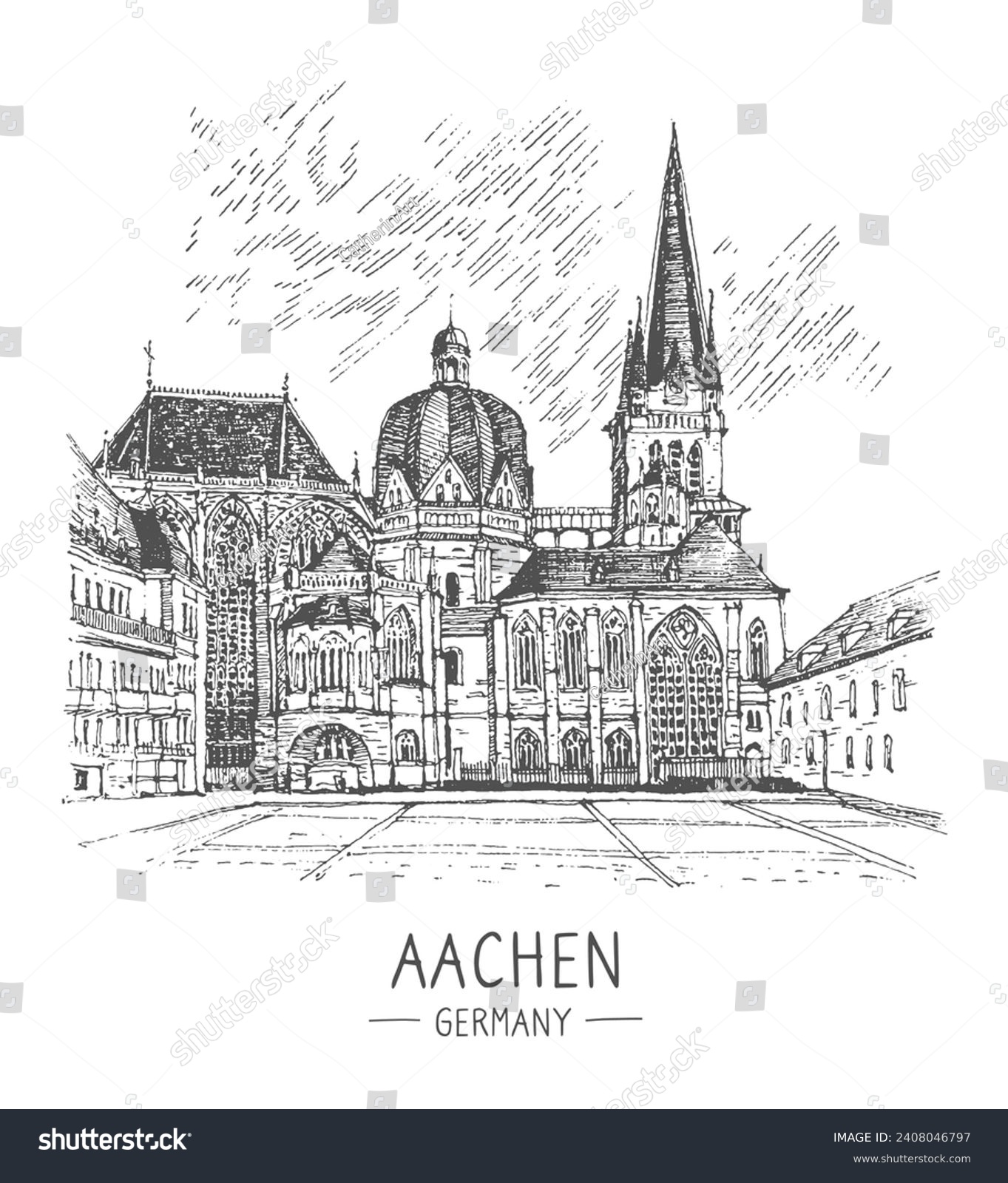 SVG of Travel sketch illustration of Aachen Cathedral, Germany. One of the oldest cathedrals in Europe, old town. Line art drawing, ink pen on paper. Hand drawn. Urban sketch, black color on white background svg