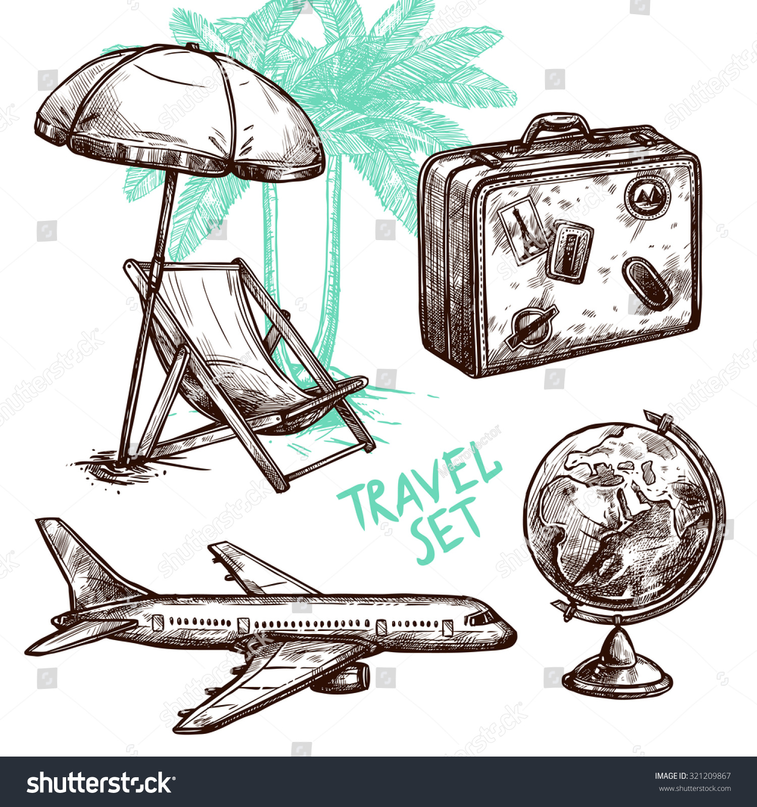 Travel Symbol Suitcase Globe Plane Sunbed Stock Vector (Royalty Free ...