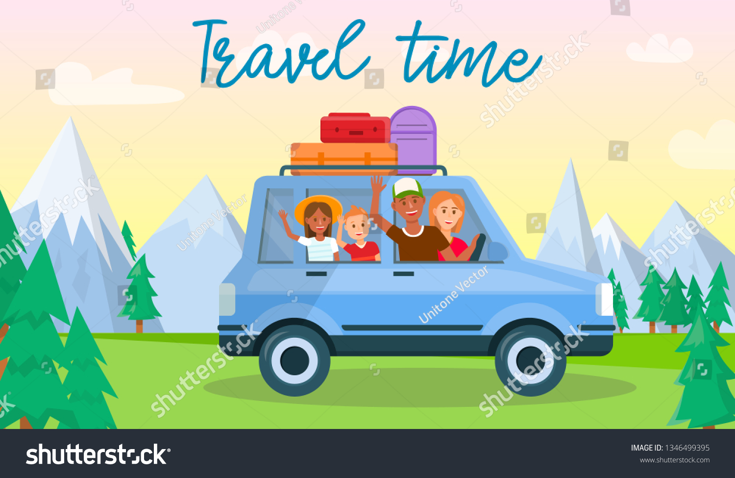 Travel Time Horizontal Banner Happy Family Stock Vector Royalty