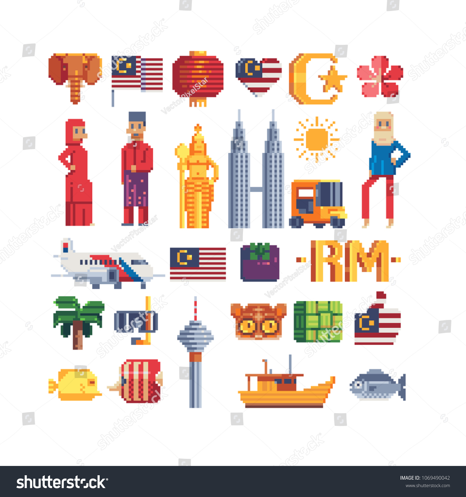 Travel To Malaysia Pixel Art 80S Style Icons Set Of Travel To Malaysia Pixel Art 80S Style Icons Set Of