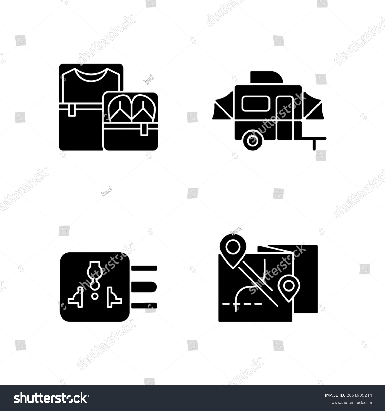 SVG of Traveler pack black glyph icons set on white space. Clothing cubes. Tourist baggage. Map for camper. Nomadic lifestyle. Summer vacation. Silhouette symbols. Vector isolated illustration svg
