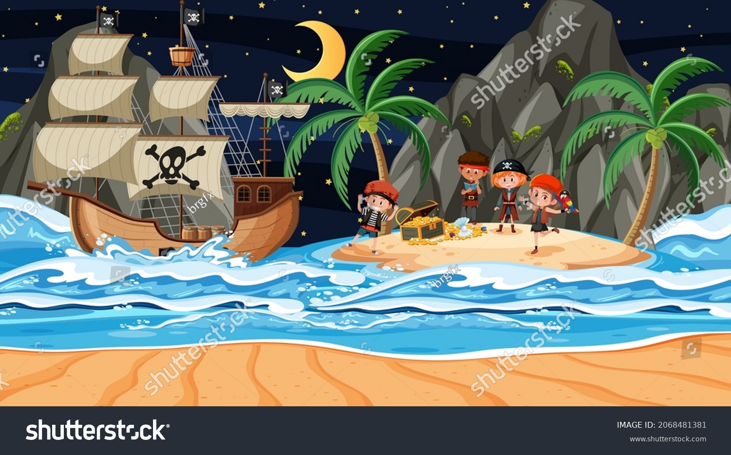 Treasure Island Scene Night Pirate Kids Stock Vector (Royalty Free ...