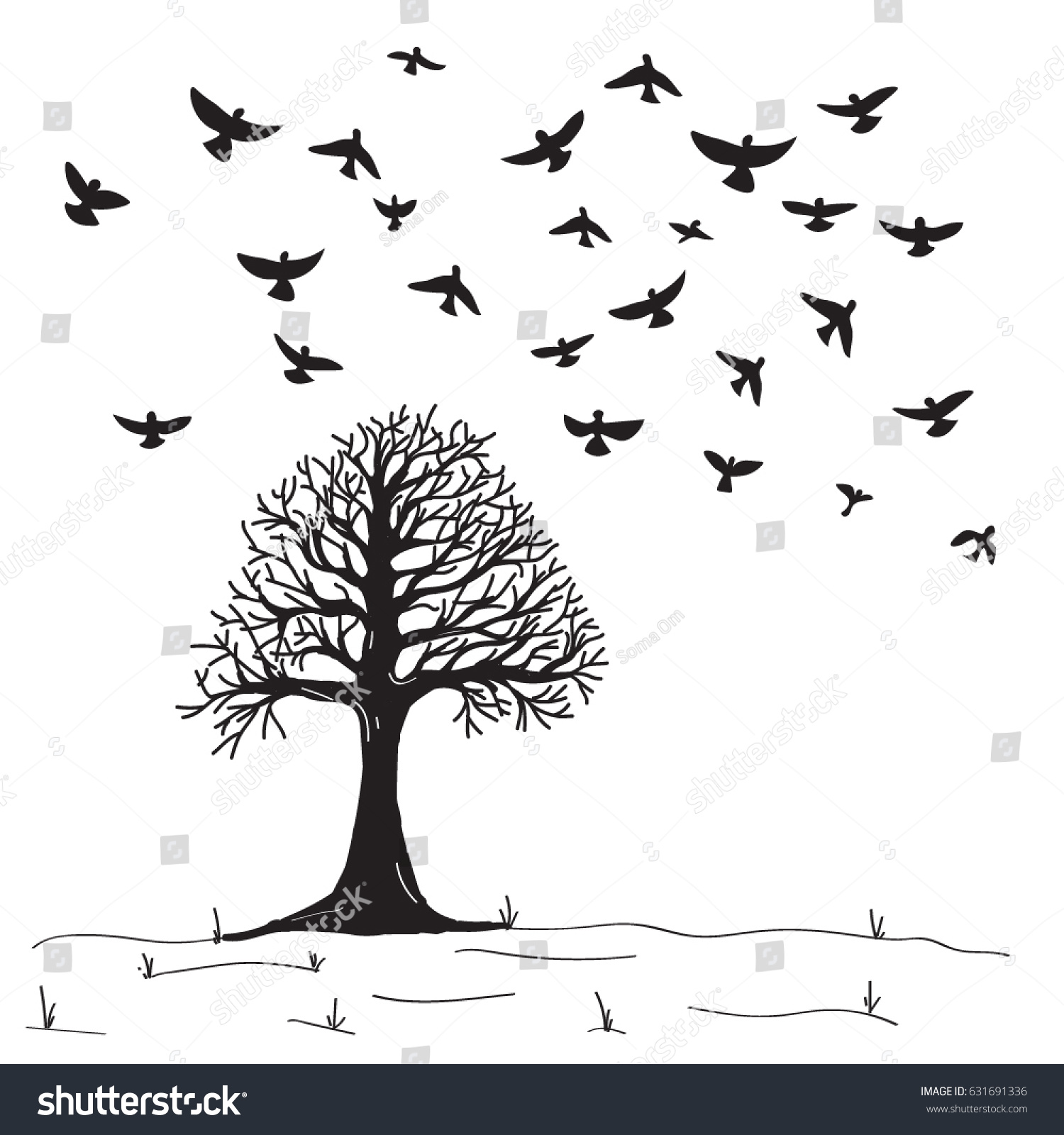 birds flying from tree silhouette
