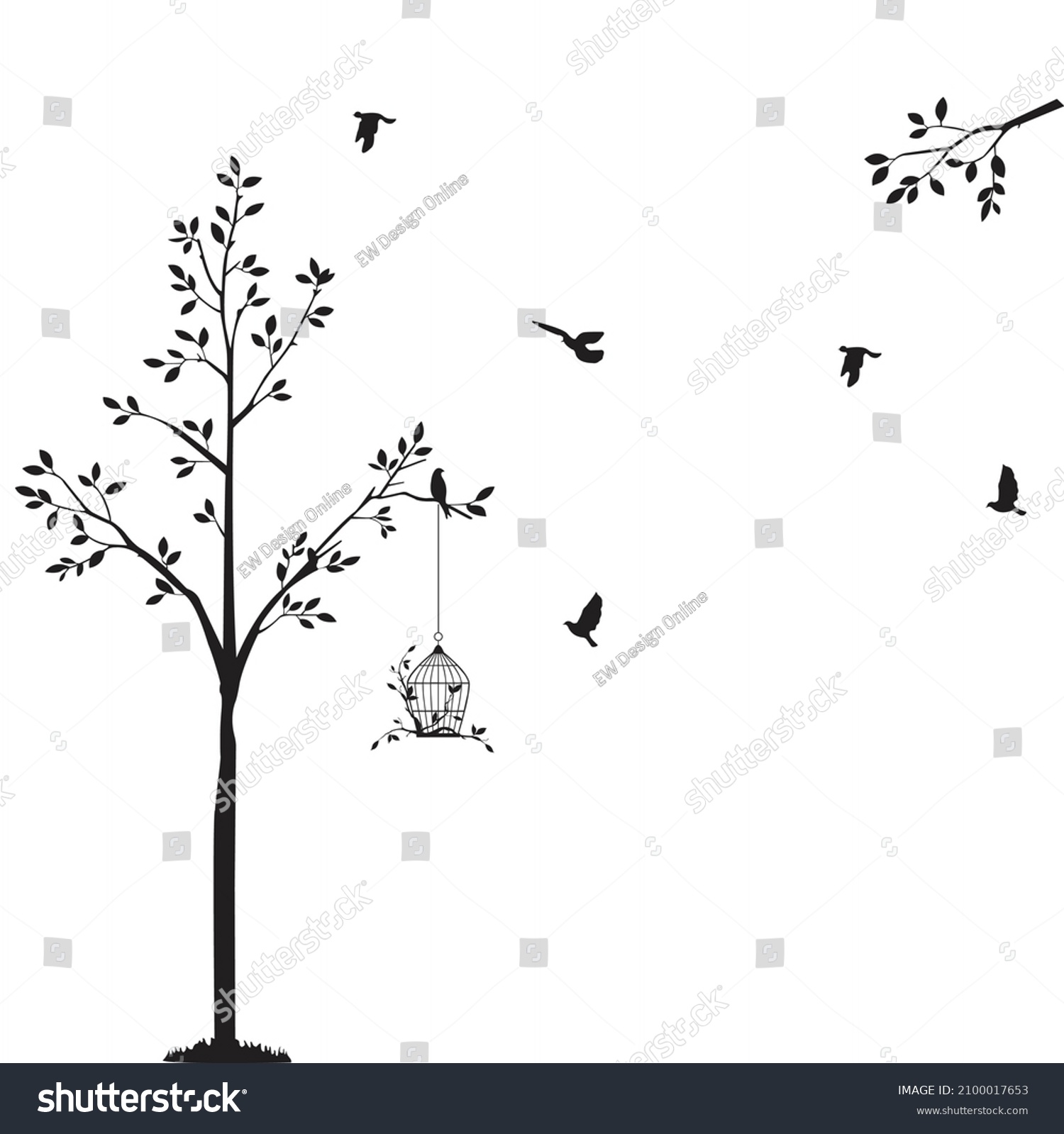 SVG of tree bird cage black and white wall decal printable cuttable vector illustration svg