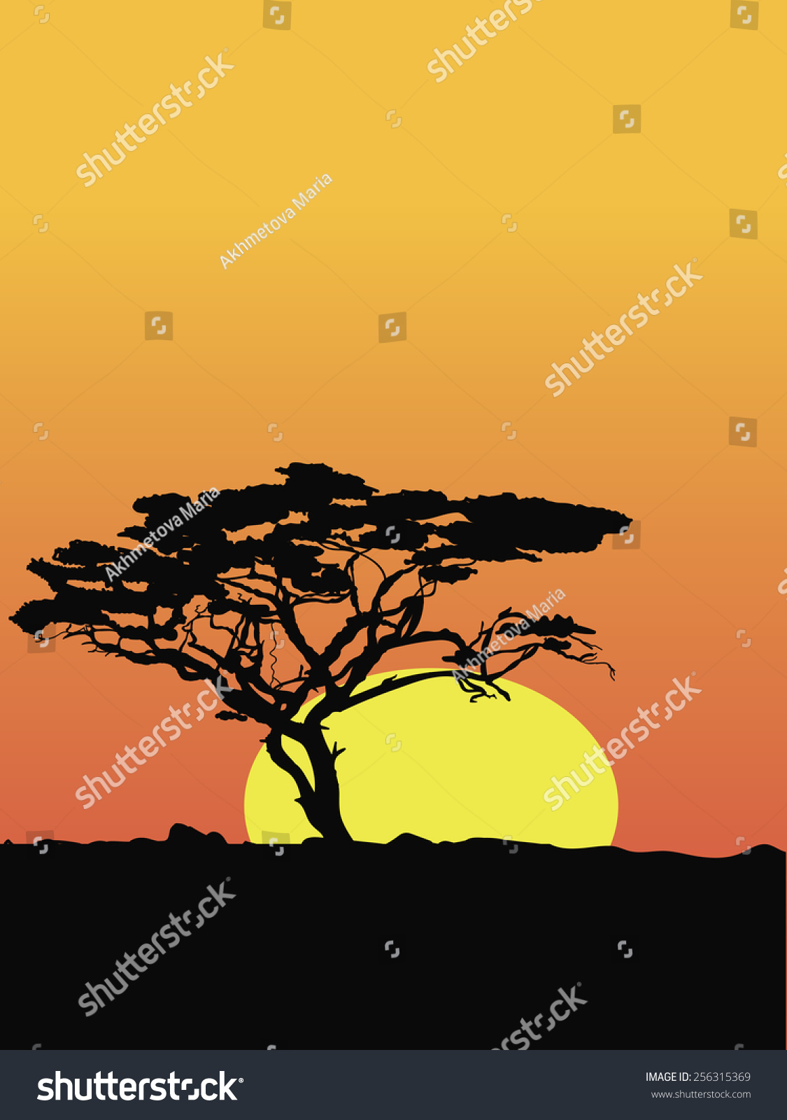 Tree Silhouette On Sunset Stock Vector (Royalty Free) 256315369 ...