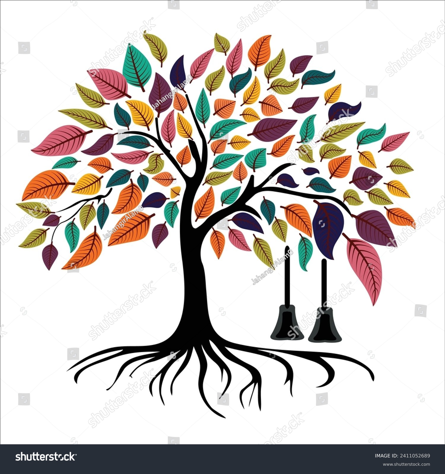 SVG of tree with roots and colorful leaves hanging branches white background svg