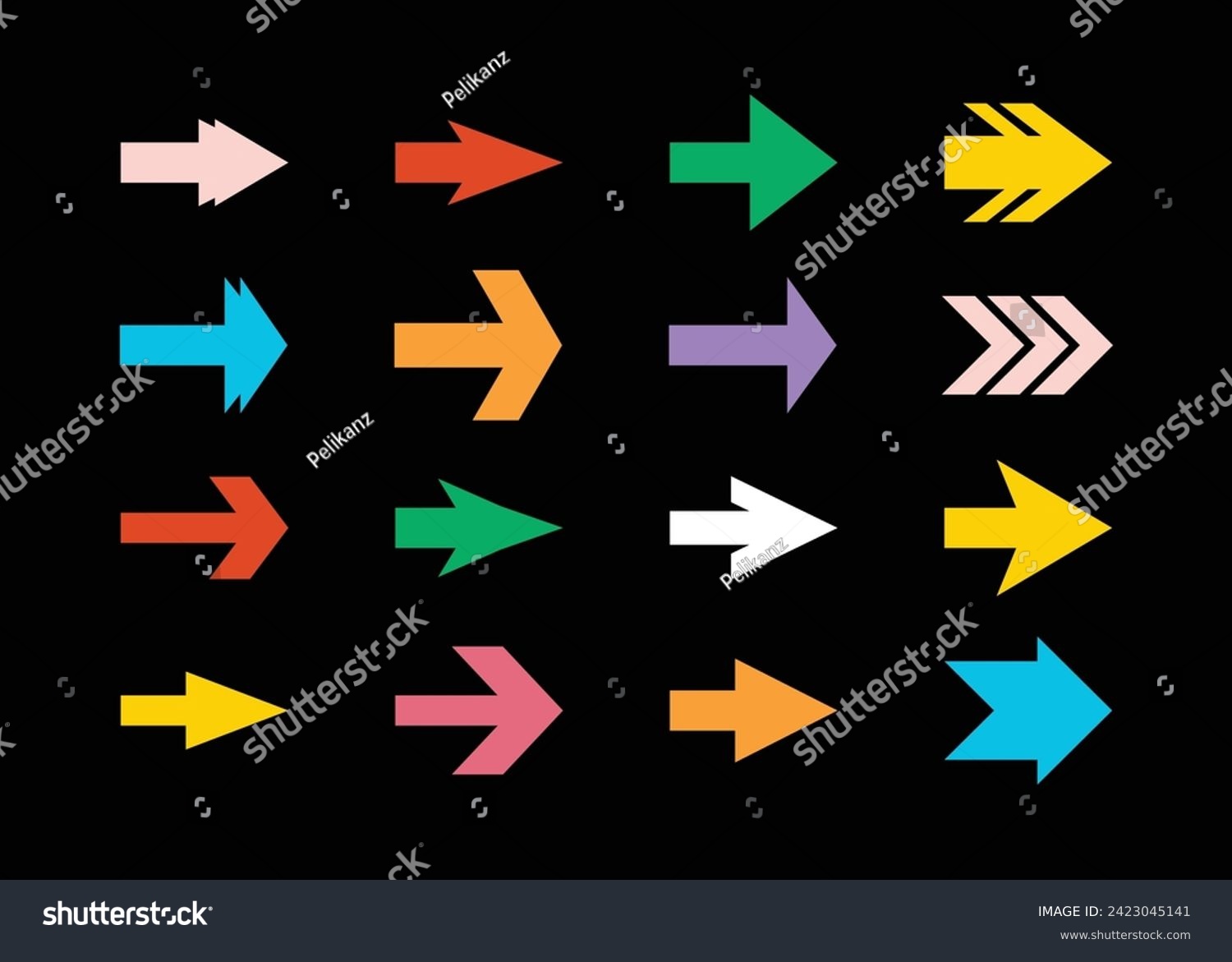 SVG of Trendy colorful isolated pointy sharp edge direction arrows icons design element set with different shapes on black background svg