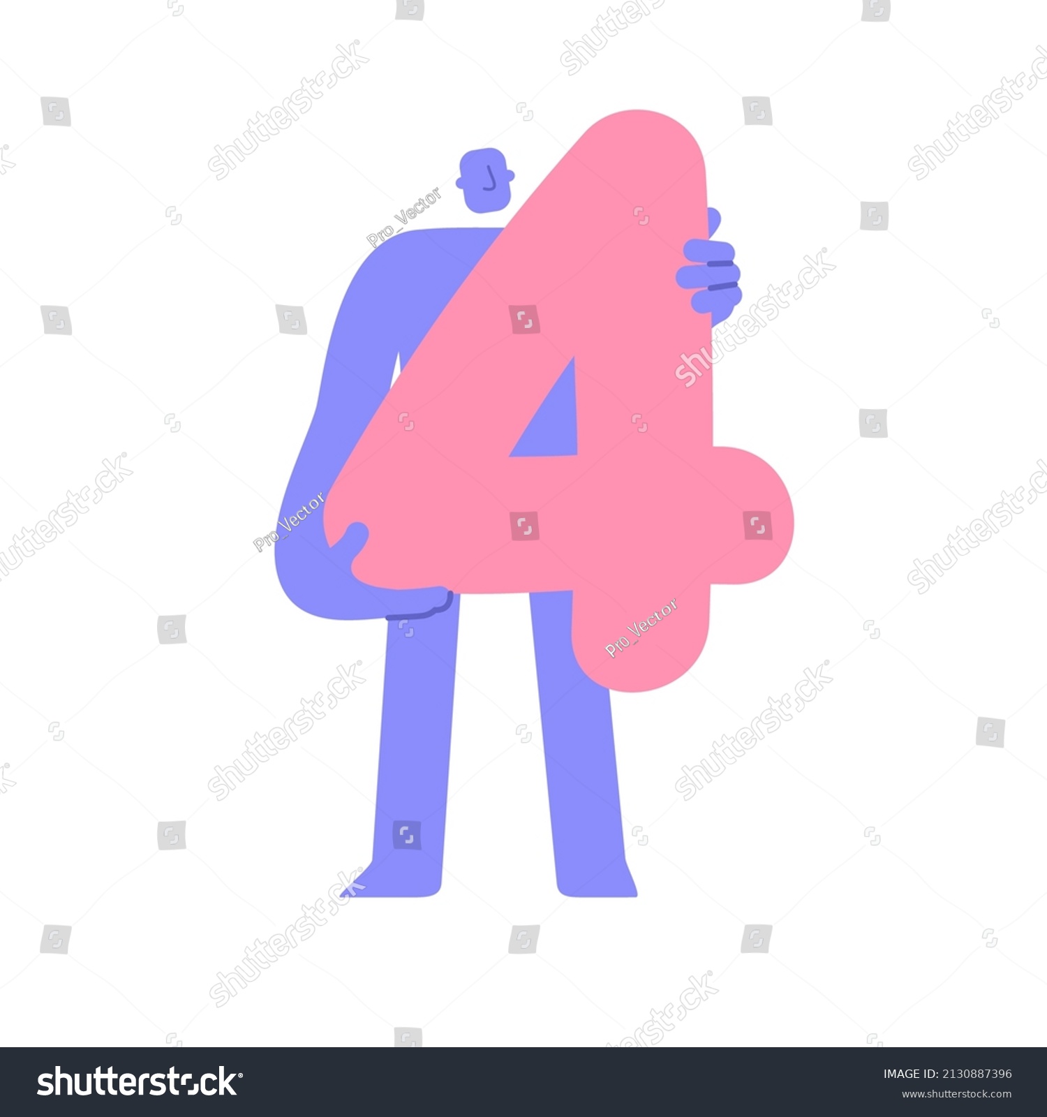SVG of Trendy flat modern character holding number 4, four. Man showing big number. Education, birthday, celebrating achievements concept, sale and discount. Cartoon comic style. svg