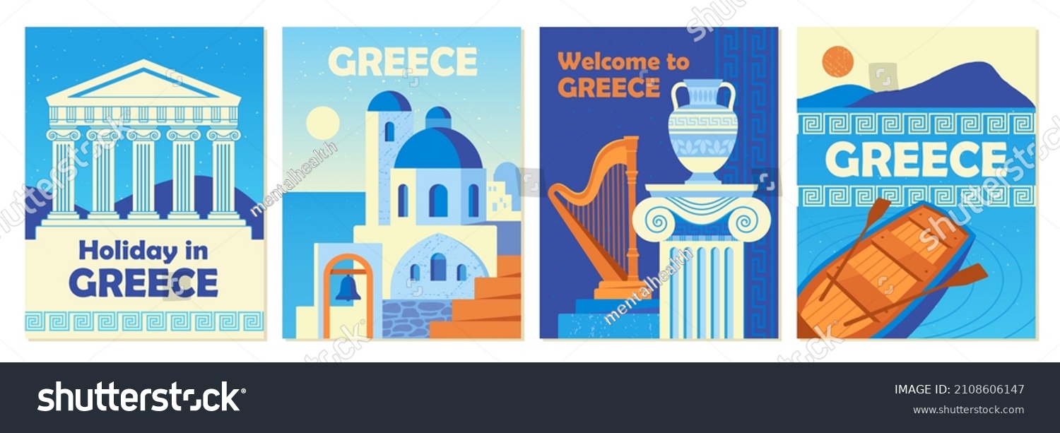 SVG of Trendy Greek poster set. Banners with columns, antique buildings, temples and vintage jugs. Design elements for advertising tourist tours. Cartoon flat vector collection isolated on white background svg