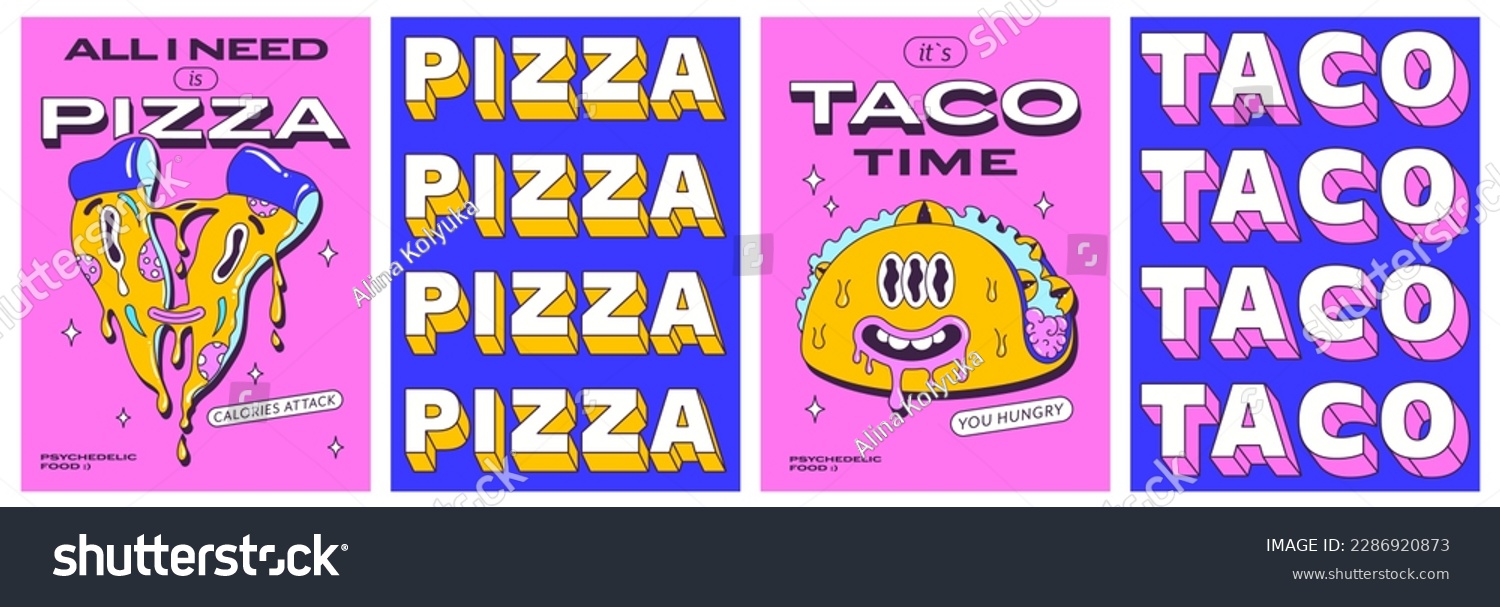 SVG of Trendy psychedelic posters set with funny fast food characters. Trippy pizza slice and crazy modern taco. Front and back side poster design. Vector illustration. svg