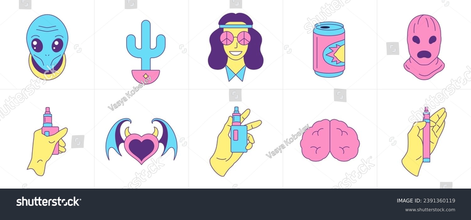 SVG of Trendy psychedelic weird surreal contoured icon groovy style set vector flat illustration. UFO alien woman hippie cactus soda can monster mask electronic cigarette creepy heart brain tattoo sticker svg