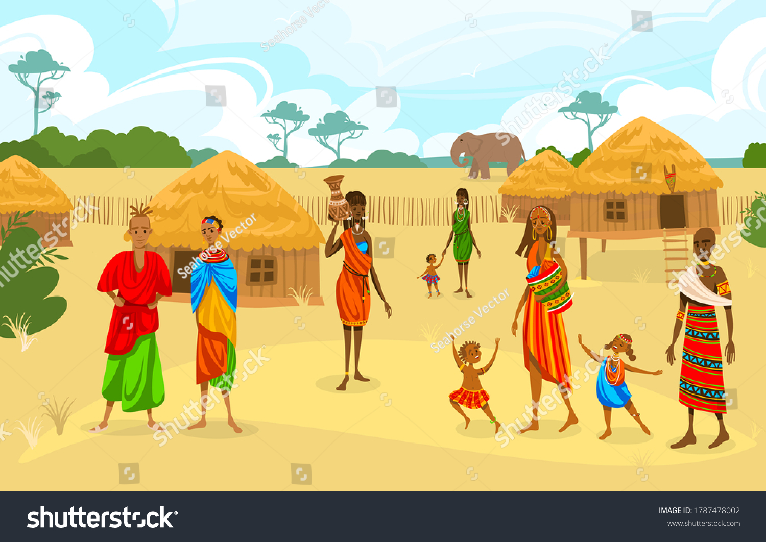 SVG of Tribe ethnic people in Africa flat vector illustration. Cartoon African woman with jug, afro character in tribal traditional costume, standing near ethnic hut house in village, rural African landscape svg