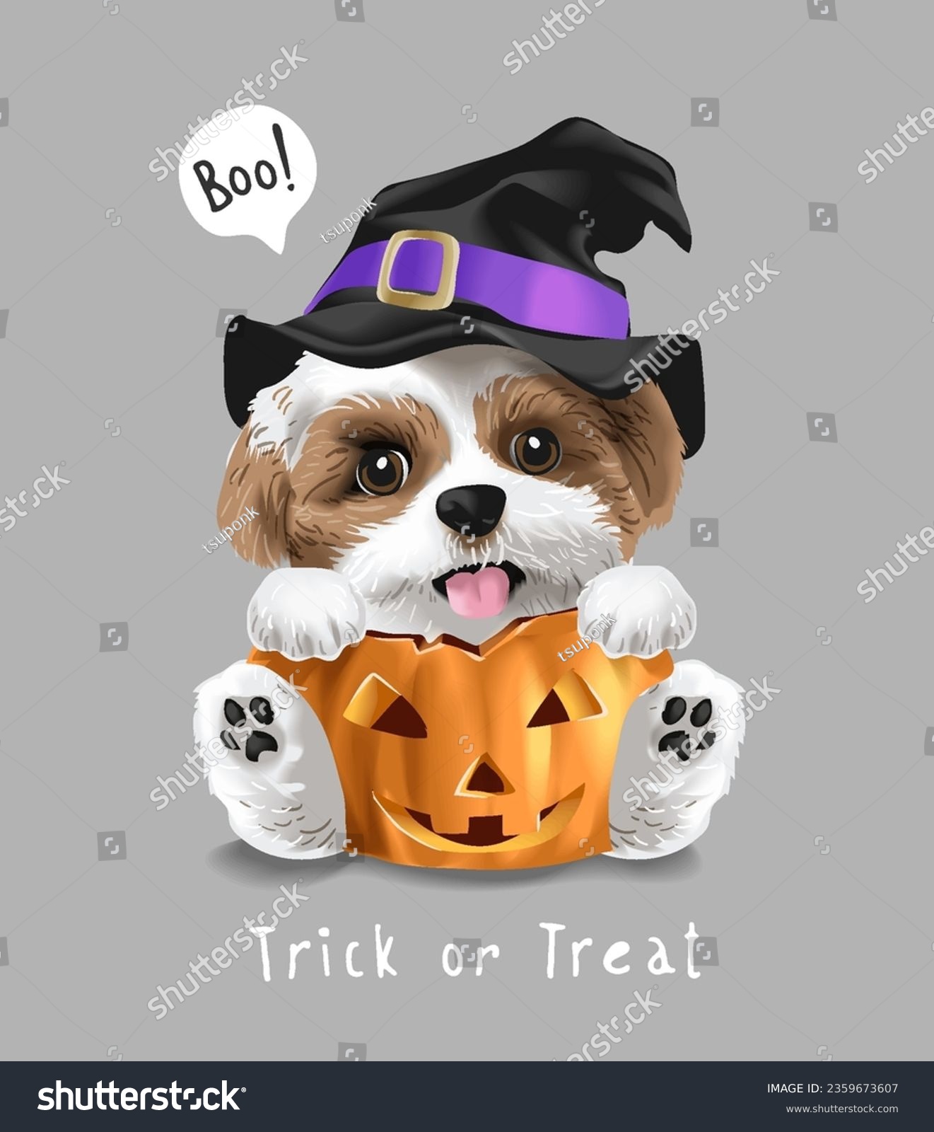 SVG of trick or treat slogan with cute puppy in pumkin and witch hat graphic vector illustration svg