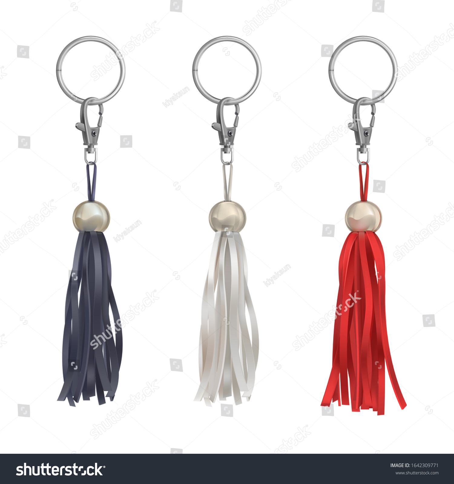 SVG of Trinkets with leather tassel for handbag, zipper or keyring. Vector realistic of pendant with black, white and red fringe, bead and puller isolated on white background svg