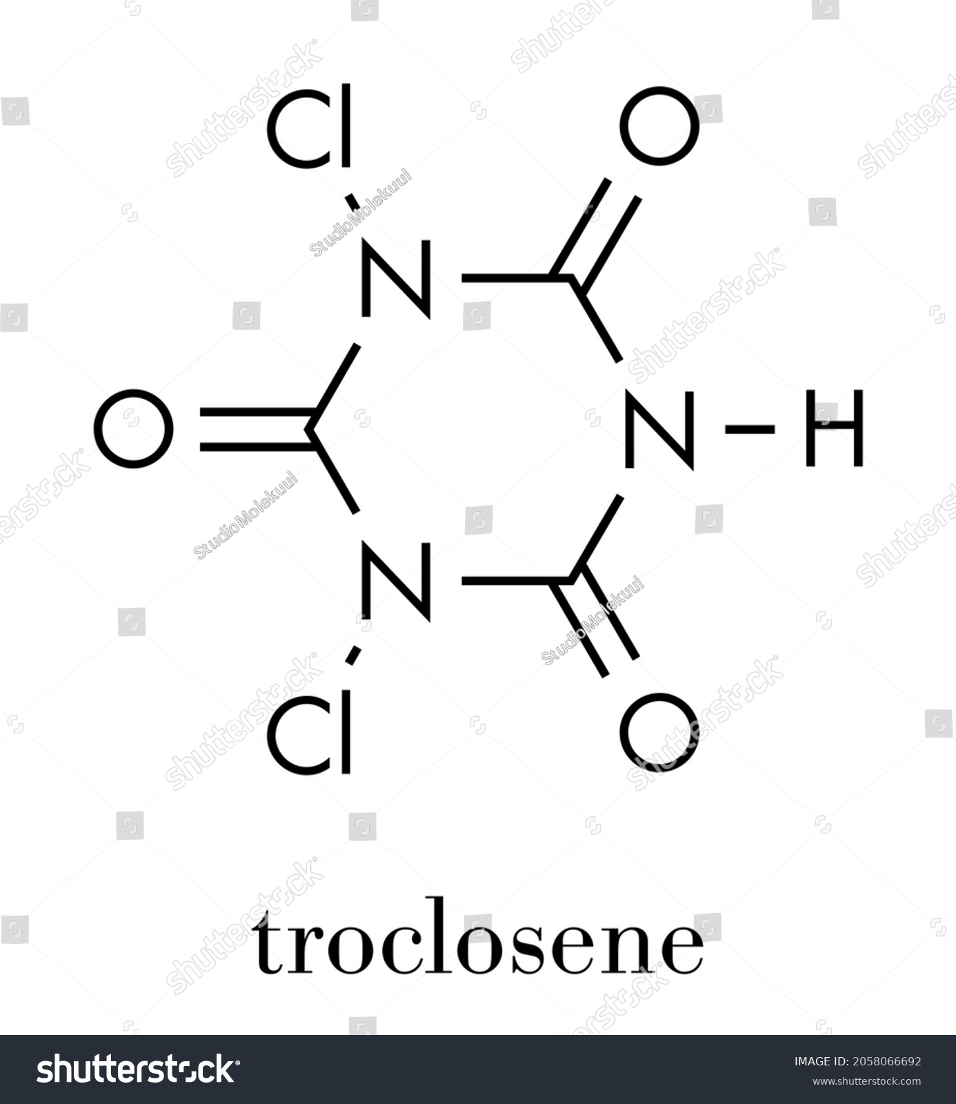 SVG of Troclosene (dichloroisocyanuric acid) molecule. Used as disinfectant, deodorant, biocide, detergent and in water purification. Skeletal formula. svg