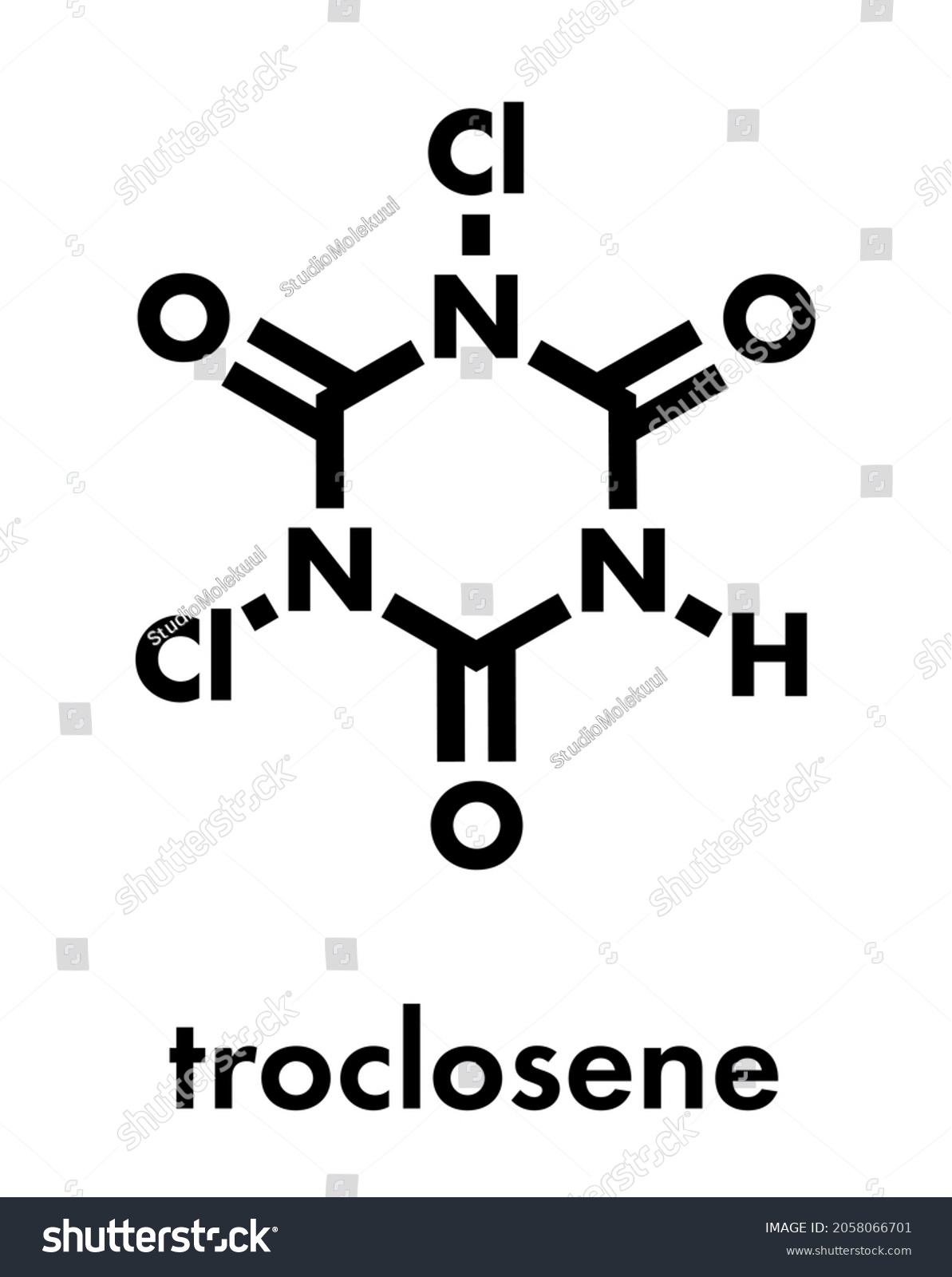 SVG of Troclosene (dichloroisocyanuric acid) molecule. Used as disinfectant, deodorant, biocide, detergent and in water purification. Skeletal formula. svg