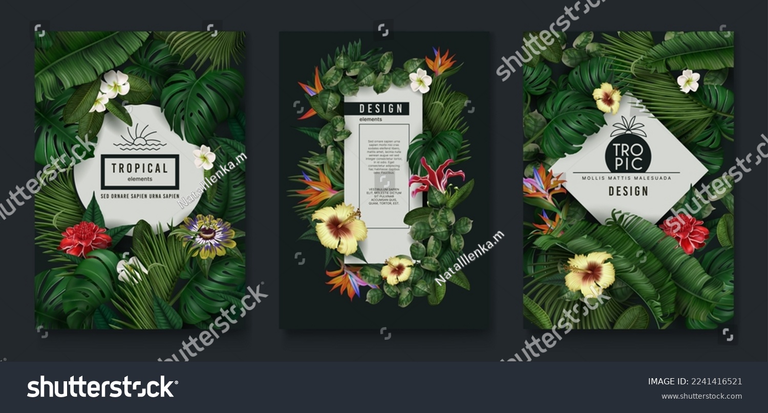 SVG of Tropic leaf banner, green jungle plants and exotic flowers. Nature frame with banana and monstera foliage, forest coconut palm, posters with realistic elements. Vector exact flyer design svg