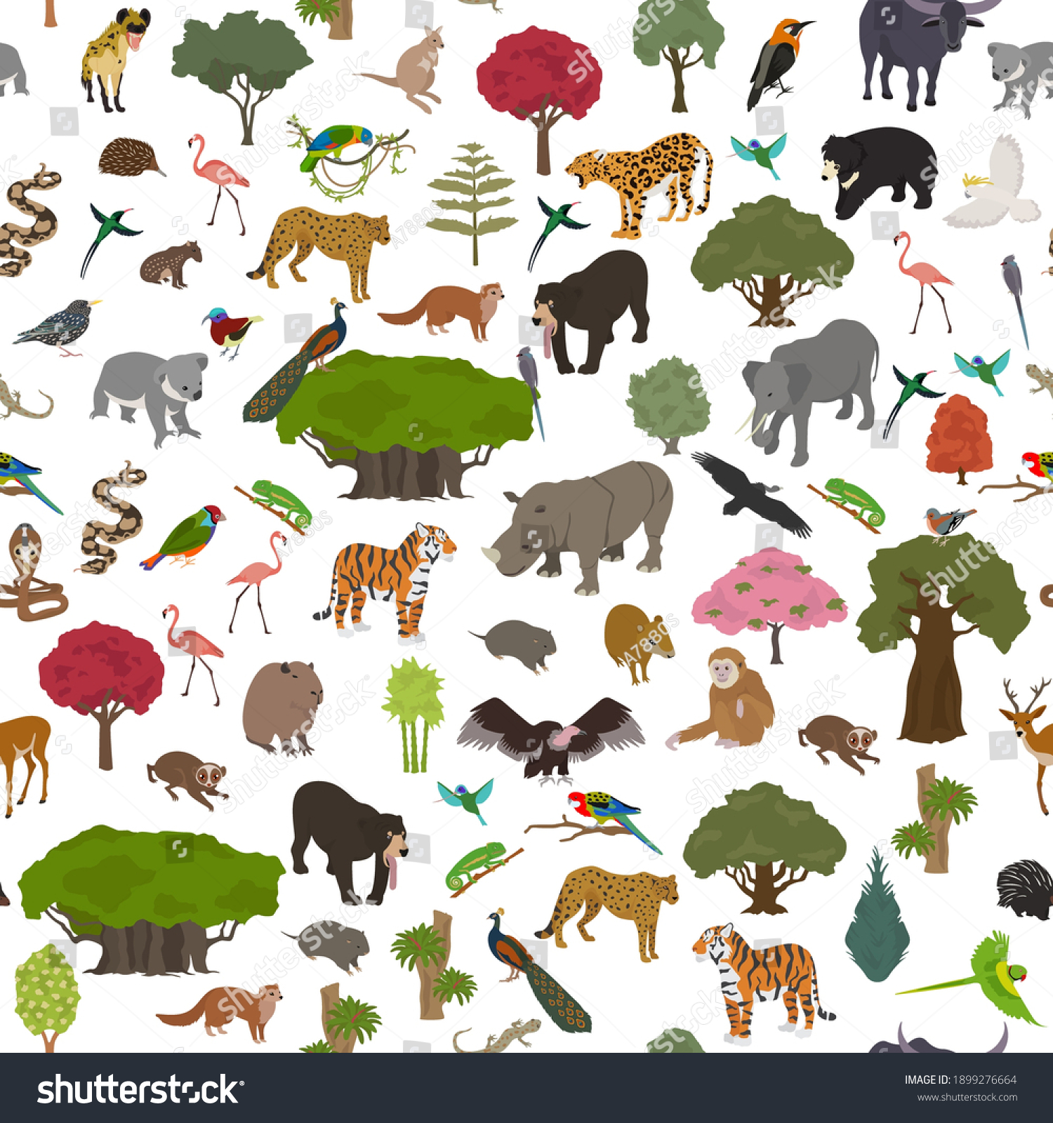 SVG of Tropical and subtropical dry broadleaf forest biome, natural region seamless pattern. Seasonal forests. Animals, birds and vegetations ecosystem design set. Vector illustration svg