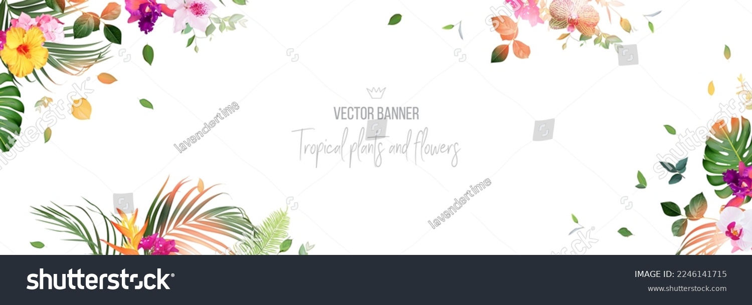 SVG of Tropical banner arranged from exotic emerald leaves and exotic flowers. Paradise plants, greenery and palm card. Stylish fashion frame. Wedding design. All leaves are not cut. Isolated and editable svg