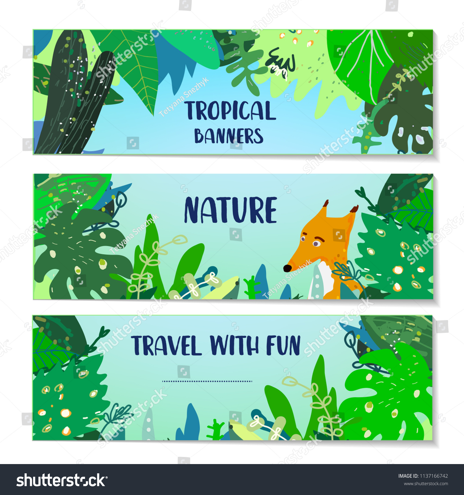 Tropical Banners Set With Plants And Animal Vector Graphic Illustration Tropical Banners Set With Plants And Animal Vector Graphic Illustration