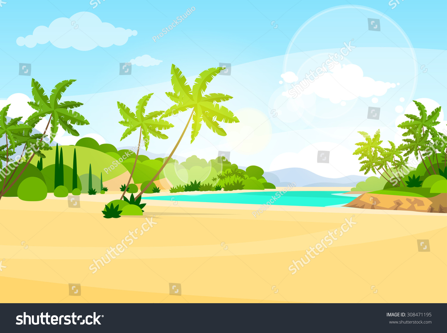 Tropical Beach Island Palm Tree Ocean Stock Vector (Royalty Free) 308471195