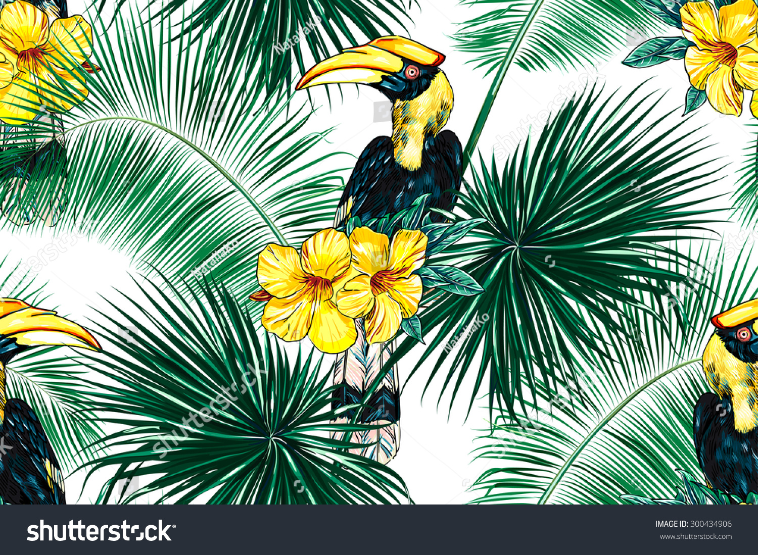 Tropical Birds Flowers Palm Leaves Hibiscus Stock Vector Royalty Free 300434906