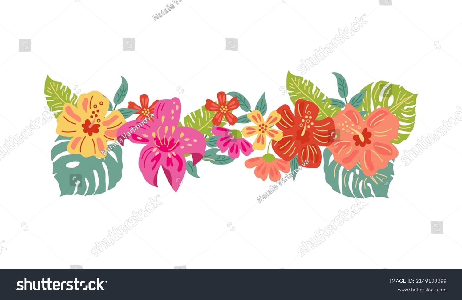 SVG of Tropical exotic flowers and leaves. Vector illustration isolated on white background. Flat style design element for poster, banner, party invitation, summer concept. svg
