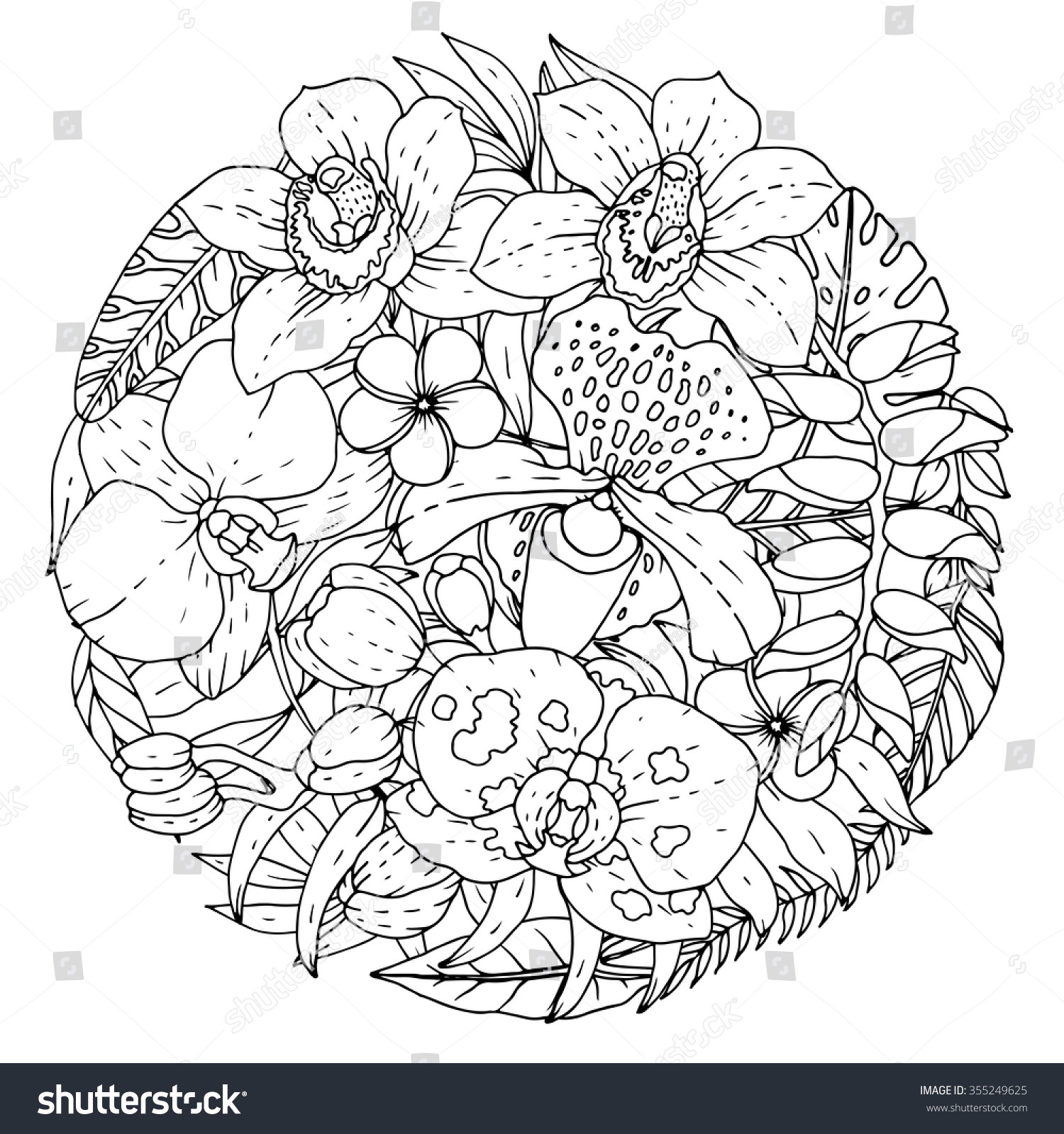 Tropical Flowers Set Coloring Book Page Stock Vector ...