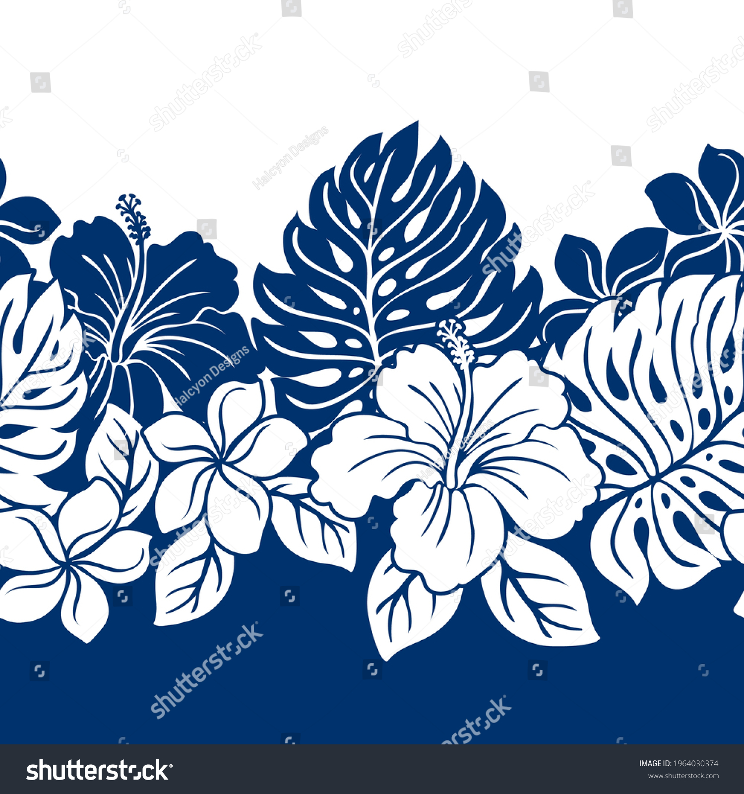SVG of Tropical Hawaiian pattern border with repeat hibiscus and monstera svg