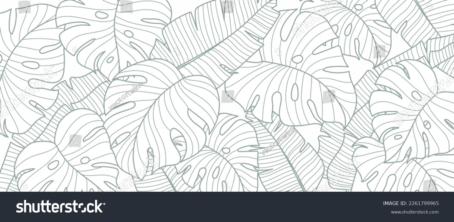SVG of Tropical leaf line art wallpaper background vector. Natural monstera and banana leaves pattern design in minimalist linear contour simple style. Design for fabric, print, cover, banner, decoration. svg