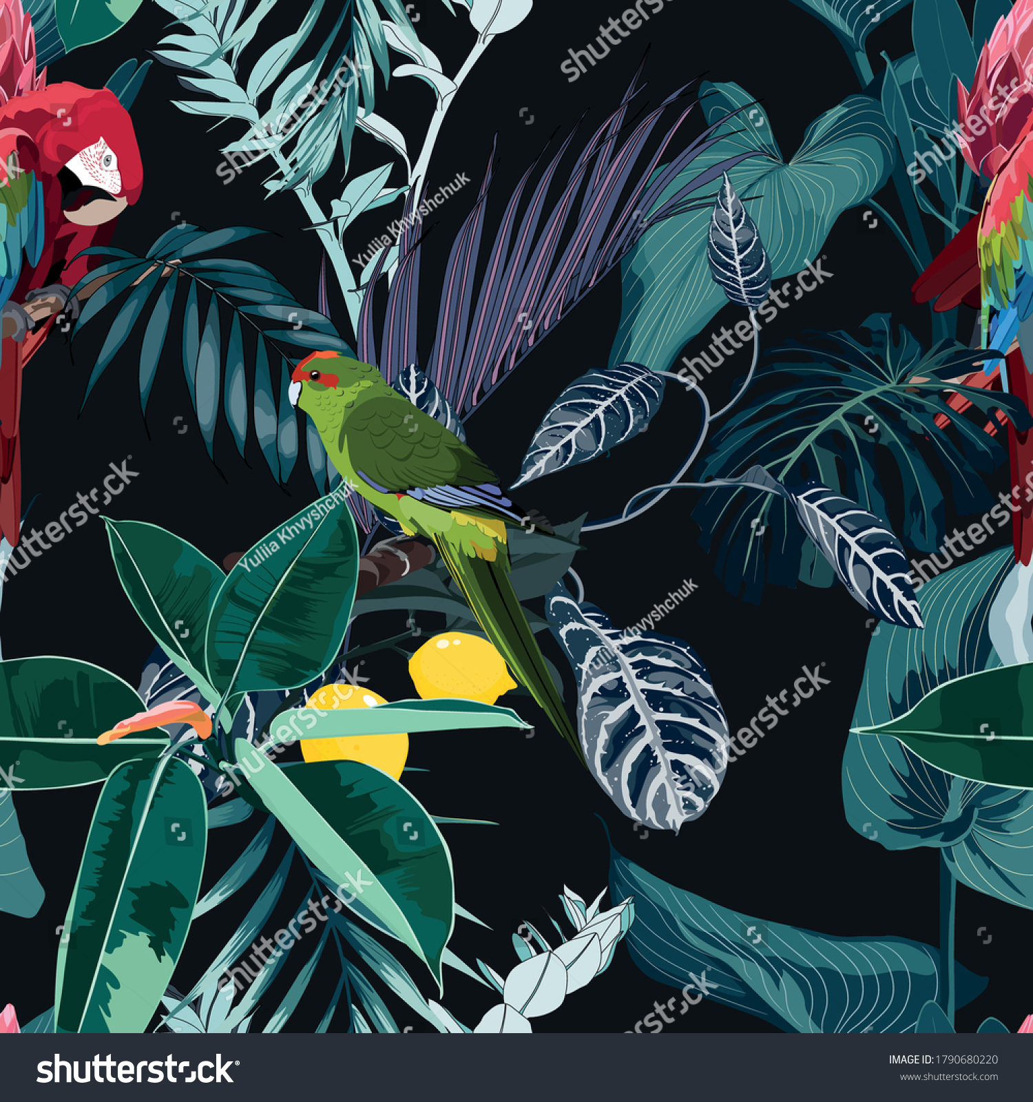 熱帯の夜のビンテージ野鳥やオウムの柄 ヤシの木 ヤシの葉 植物のシームレスな縁の黒い背景 エキゾチックなジャングルの壁紙 のベクター画像素材 ロイヤリティフリー