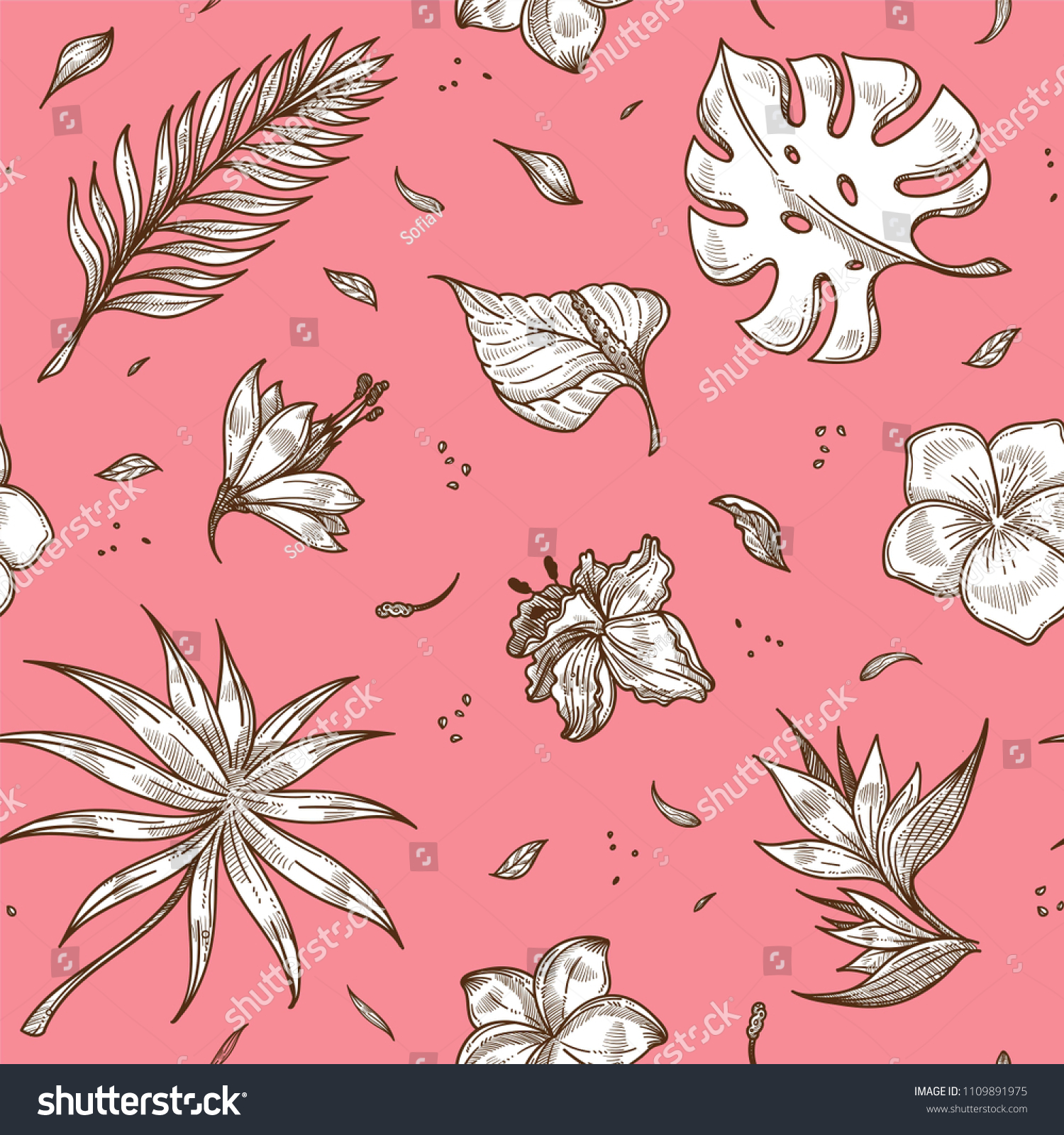 Tropical Plants Sketches On Pink Backdrop In Seamless Pattern Tropical Plants Sketches On Pink Backdrop In Seamless Pattern