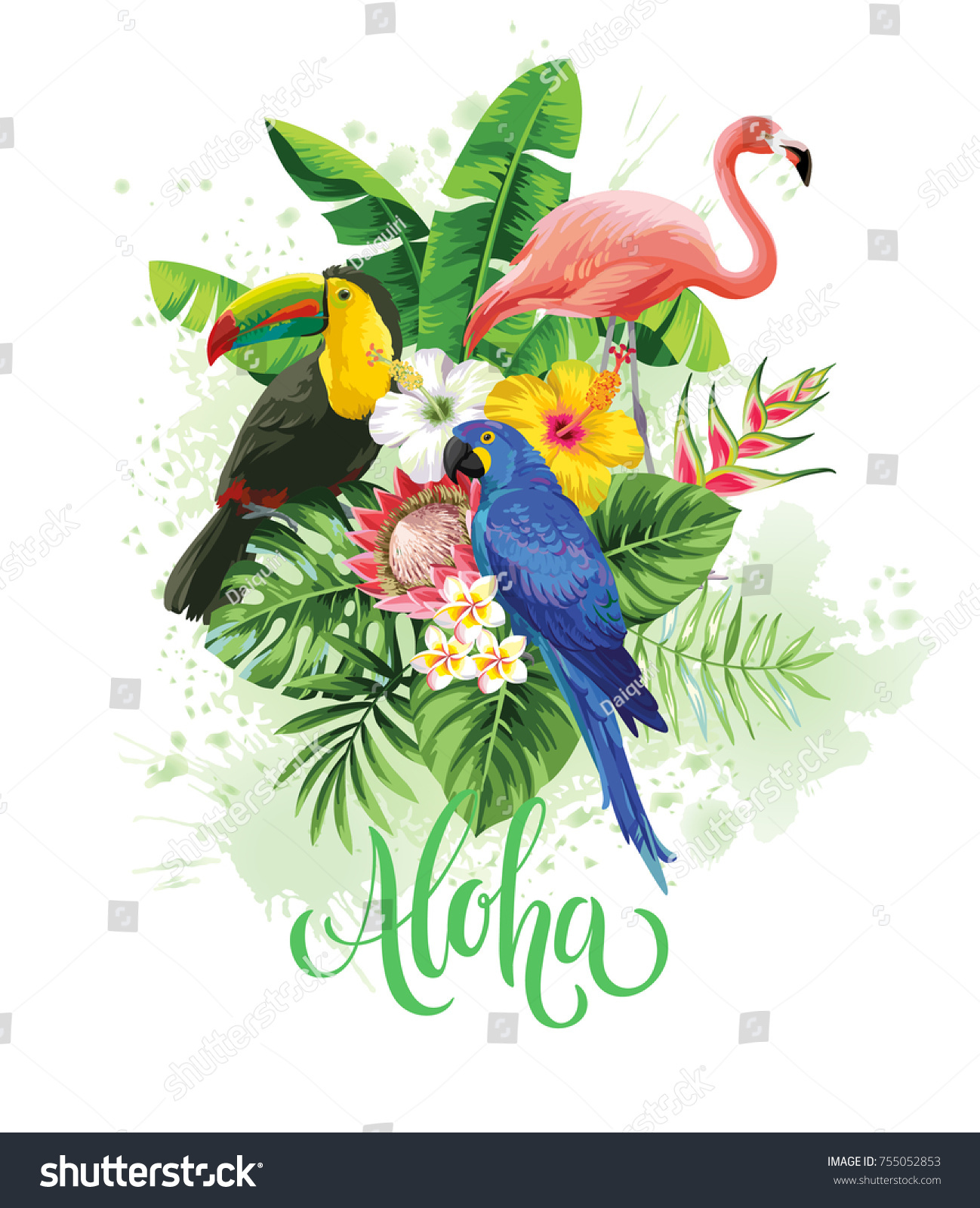 Tropical Summer Arrangement Parrot Flamingo Toucan Stock Vector ...