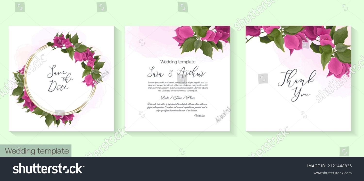 SVG of Tropical vector template for wedding invitation. Pink bougainvillea, golden frame, pink watercolor background svg