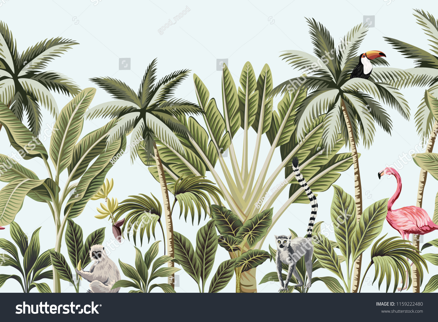 熱帯のビンテージ動物、ツーカン、フラミンゴ、ヤシの木、バナナの木の 