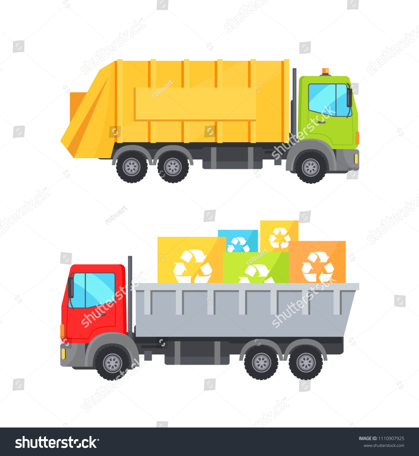 SVG of Trucks transporting waste set of lorries loaded container having recycling sign, transport collection vector illustration isolated on white background svg