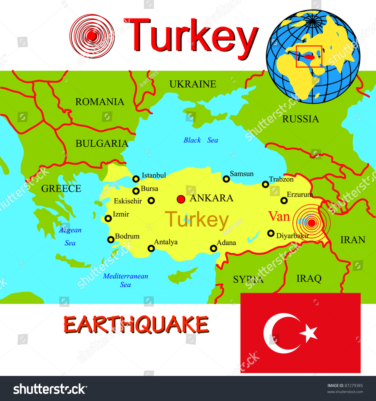 Turkey Map Epicenter Earthquake Stock Vector Royalty Free 87279385