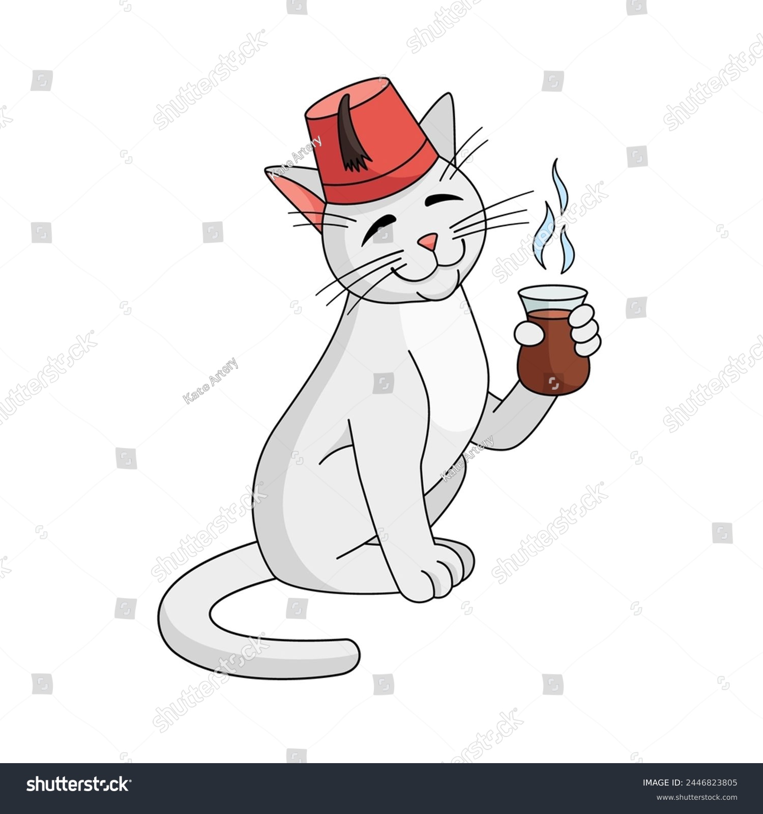 SVG of Turkish angora cat character with Turkish cup of tea. Vector illustration isolated on white background. Cat in a fez enjoys tea. svg