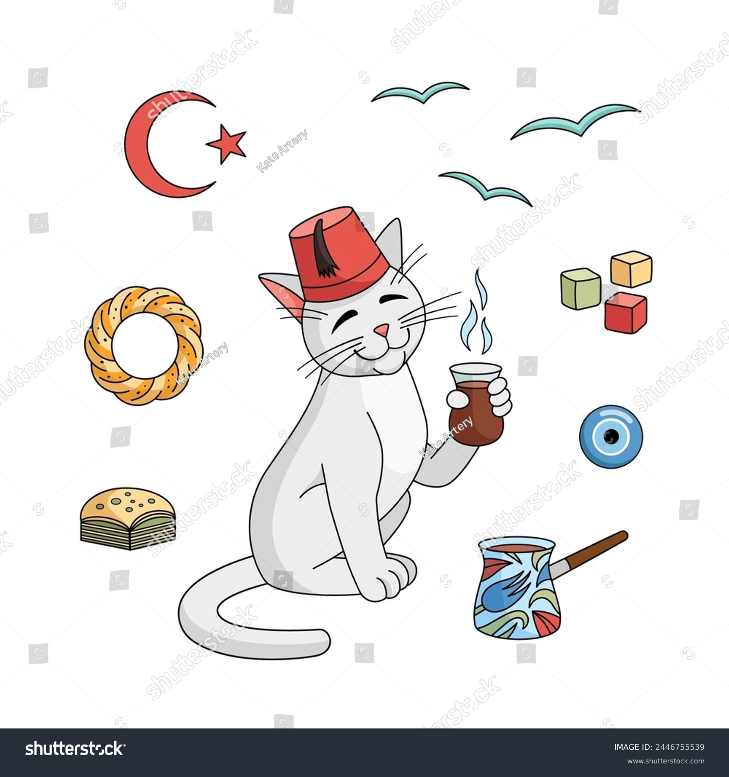 SVG of Turkish attributes set - Cezve, tea cup, baklava, bagel, star and crescent, angora cat, delight, amulet, seagull, fez. Vector collection. Turkish angora cat character with Turkish cup of tea. svg