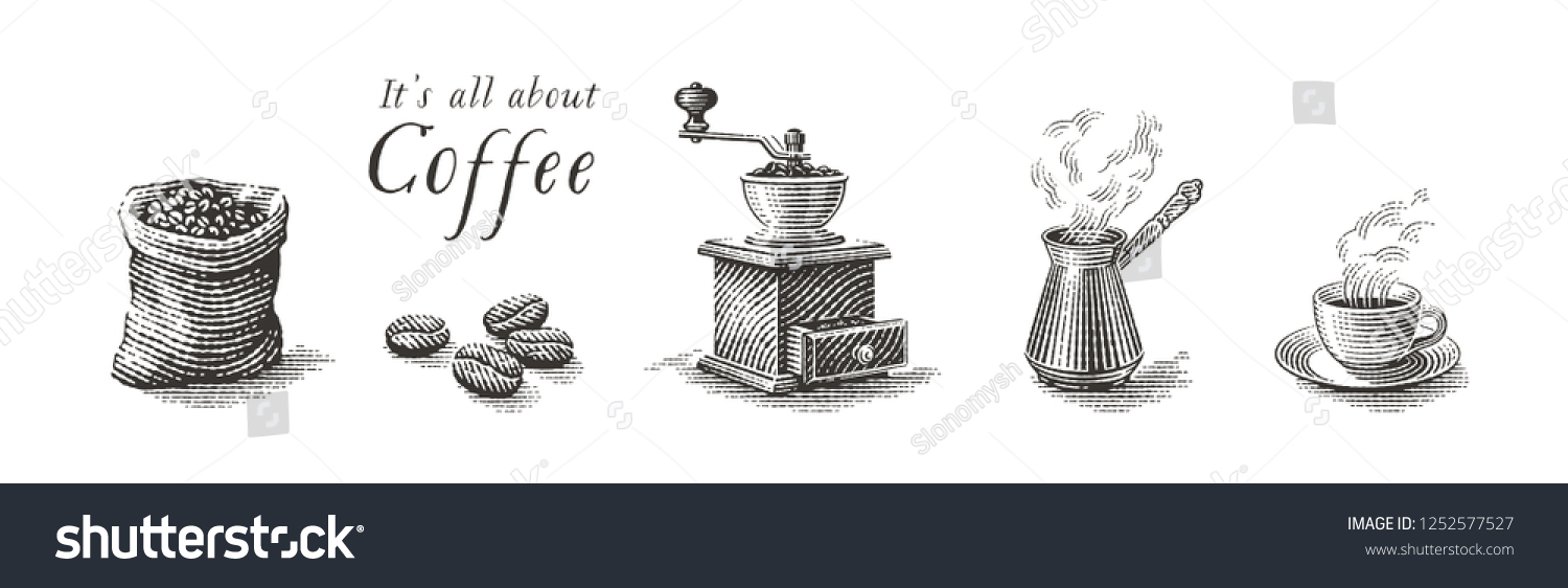 SVG of Turkish cezve pot, cup of hot drink, coffee beans, grinder and coffee sack bag. Coffee set. Hand drawn engraving vintage style illustrations. svg