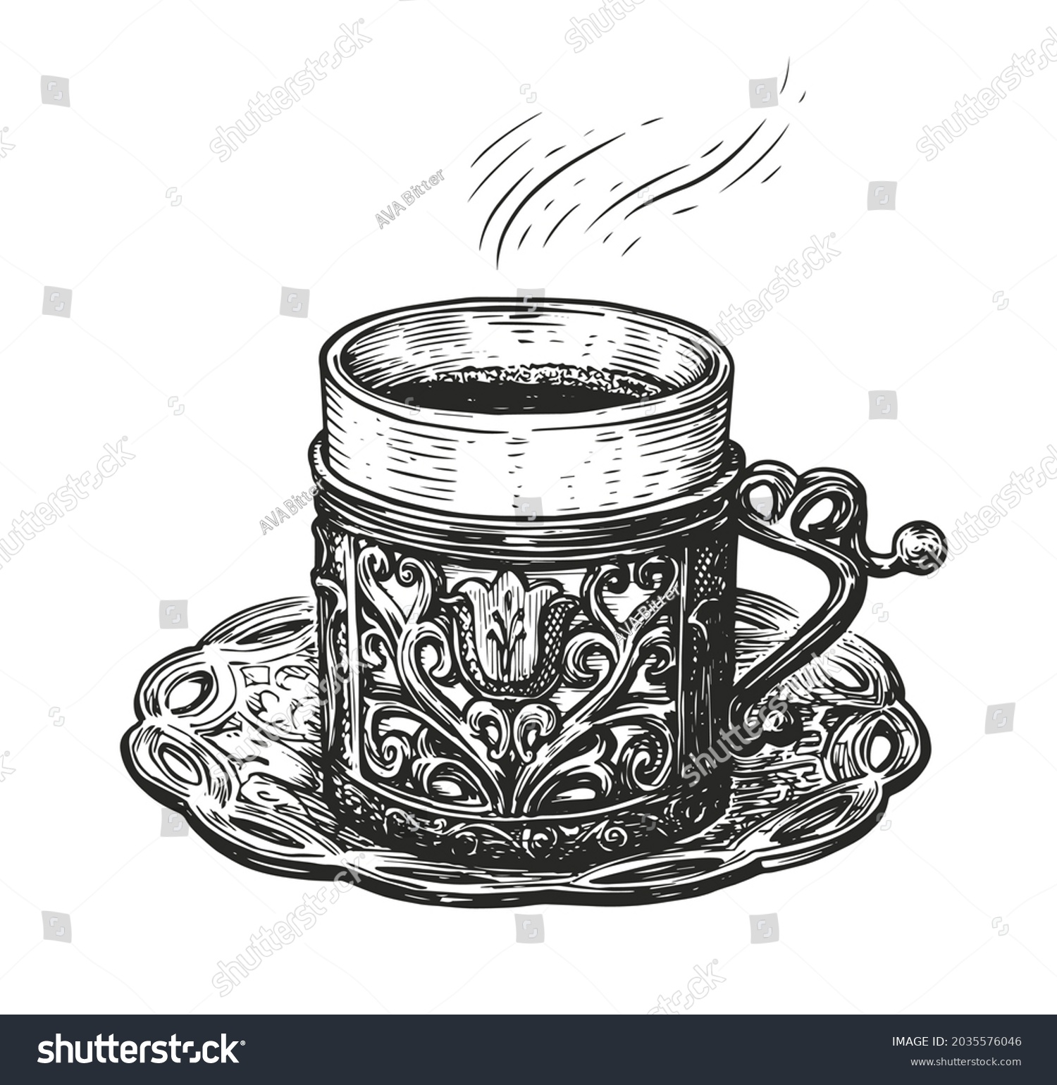 SVG of Turkish coffee sketch. Hand drawn cup on a platter. Vintage vector illustration svg