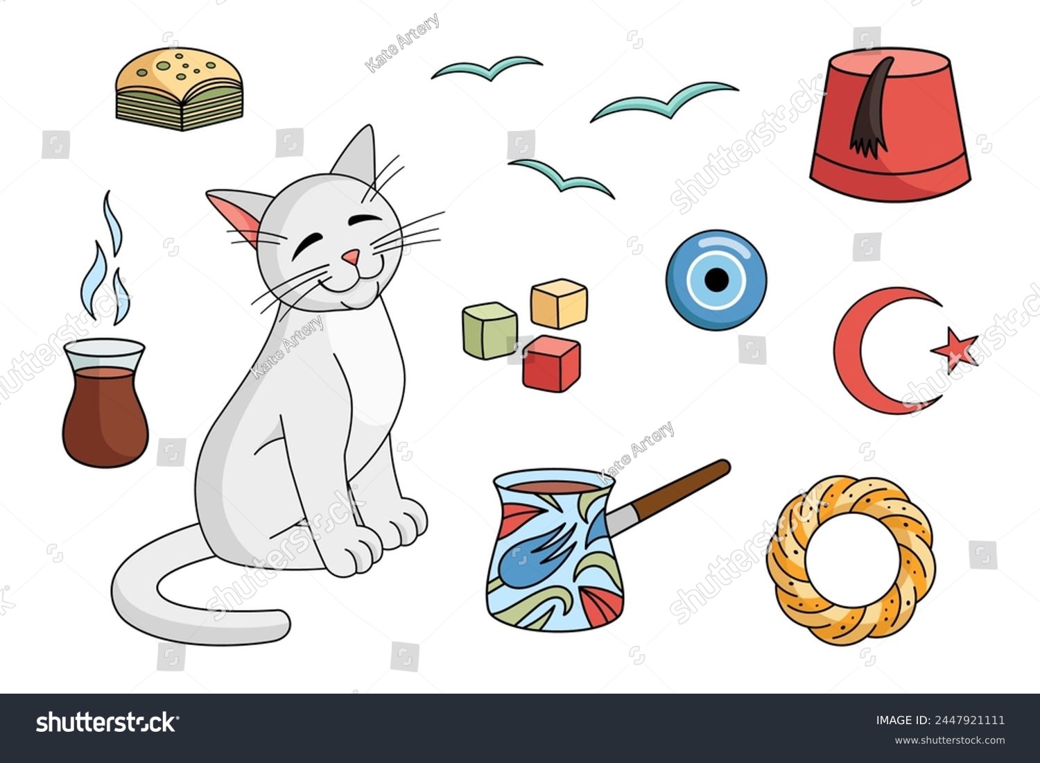 SVG of Turkish culture elements set - Cezve, tea cup, baklava, bagel, star and crescent, angora cat, delight, amulet, seagull, fez. Vector collection. Turkish angora cat character with Turkish cup of tea. svg