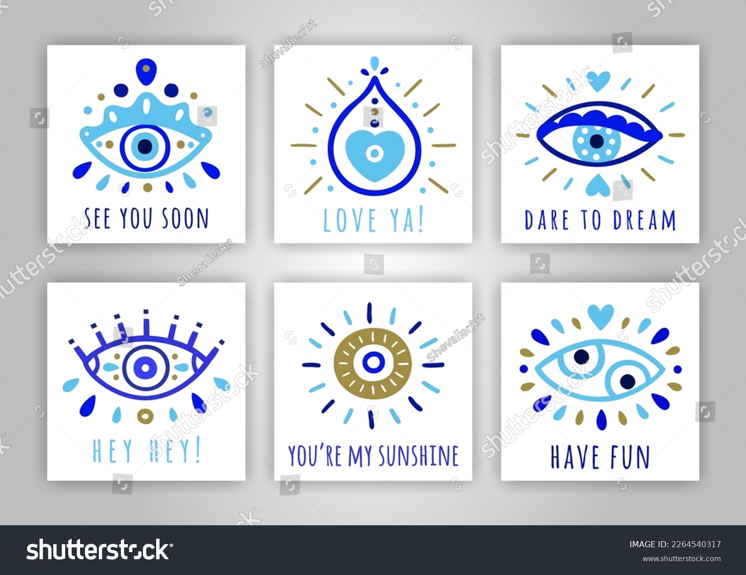 SVG of Turkish evil eye symbol cards. Ethnic blue greek protection from the spoilage signs. See you soon, Love ya, Dare to dream, Hey, You're my sunshine, Have fun quotes. EPS 10 vector illustration svg