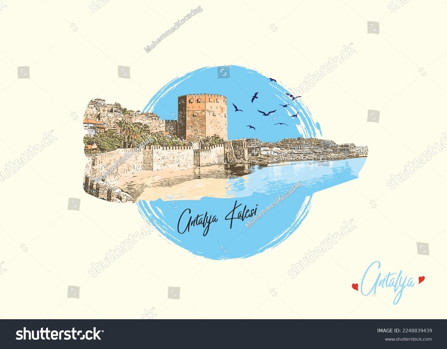 SVG of Turkish resort city Alanya with a fortress Alanya Kalesi svg
