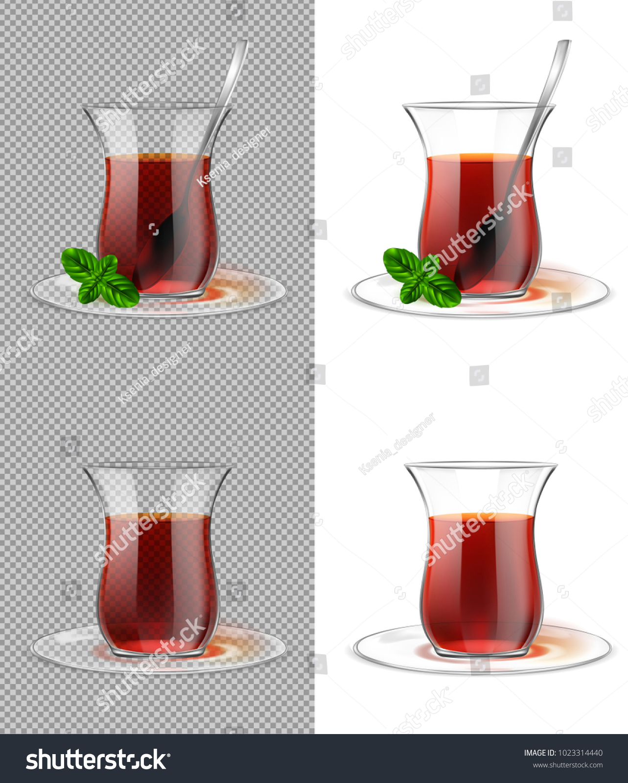 SVG of Turkish tea cup with black tea, silver spoon and mint. Armudu glass svg