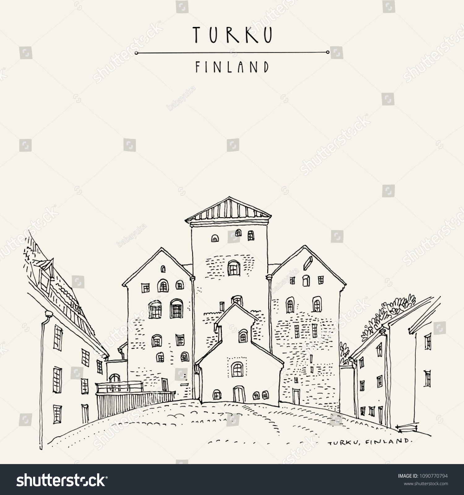 SVG of Turku Castle (Turun Linna) in Turku, Finland, Scandinavia, Europe. Swedish castle built in the 13th century. Hand drawing. Travel sketch. Vintage touristic postcard, poster, book illustration. Vector svg