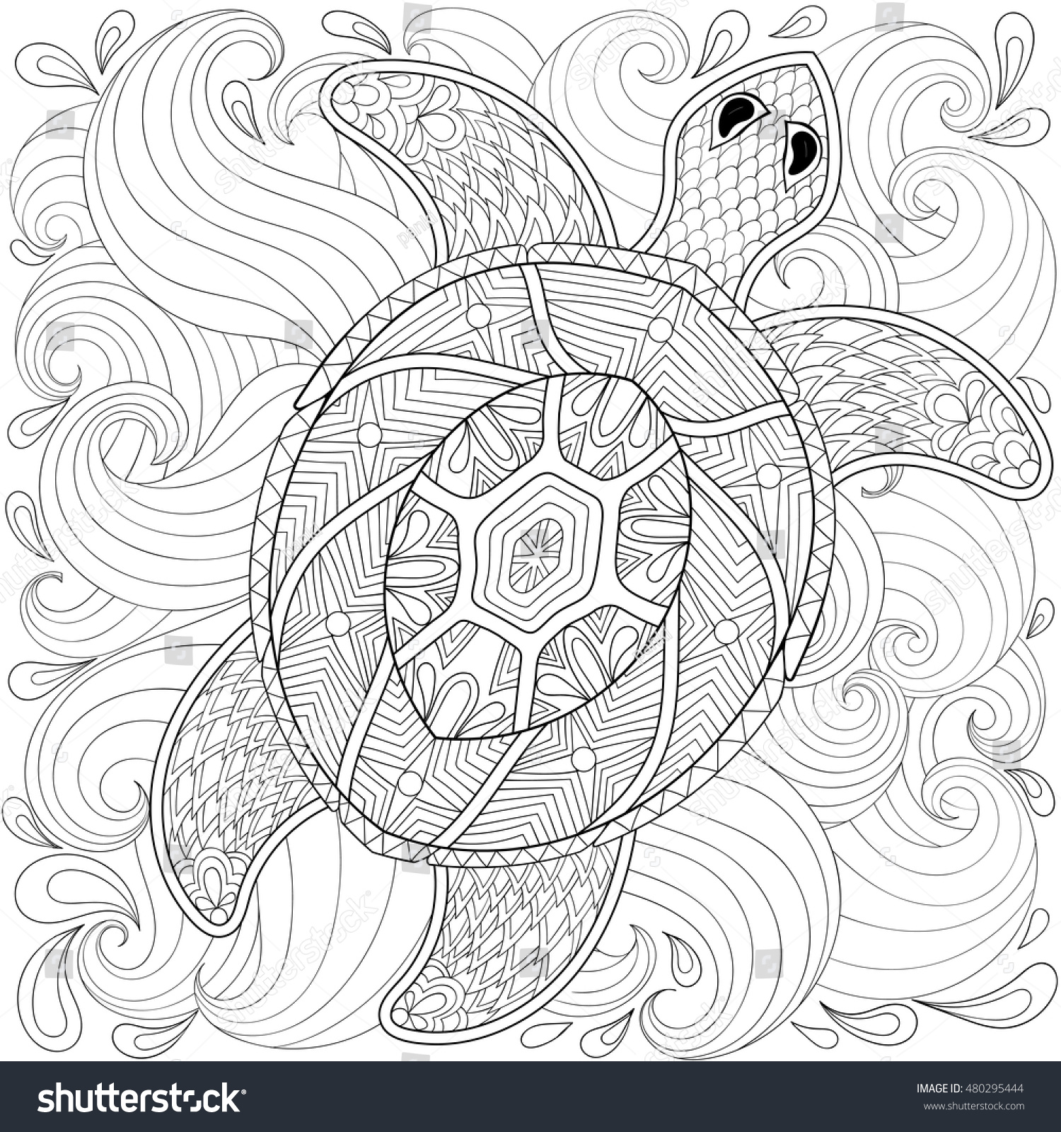 SVG of Turtle in ocean waves, zentangle style. Freehand sketch for adult coloring page, doodle elements. Ornamental artistic vector illustration for tattoo, t-shirt print. Sea animal collection. svg